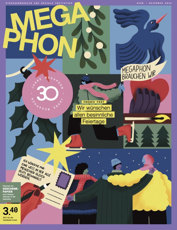 buntes illustrietes Cover mit vielen Weihnachtsmotiven drauf.